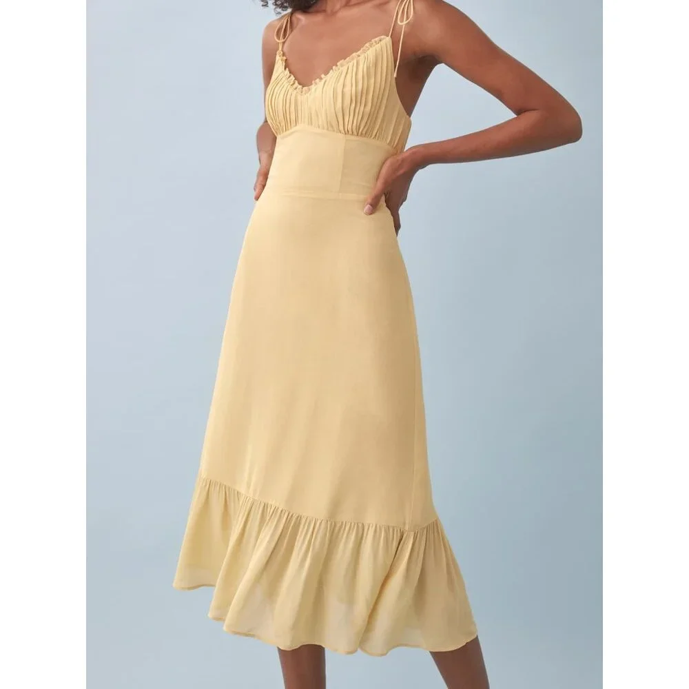 Reformation Pale Yellow Midi Dress with Ruffle Hem - Picture 1 of 6